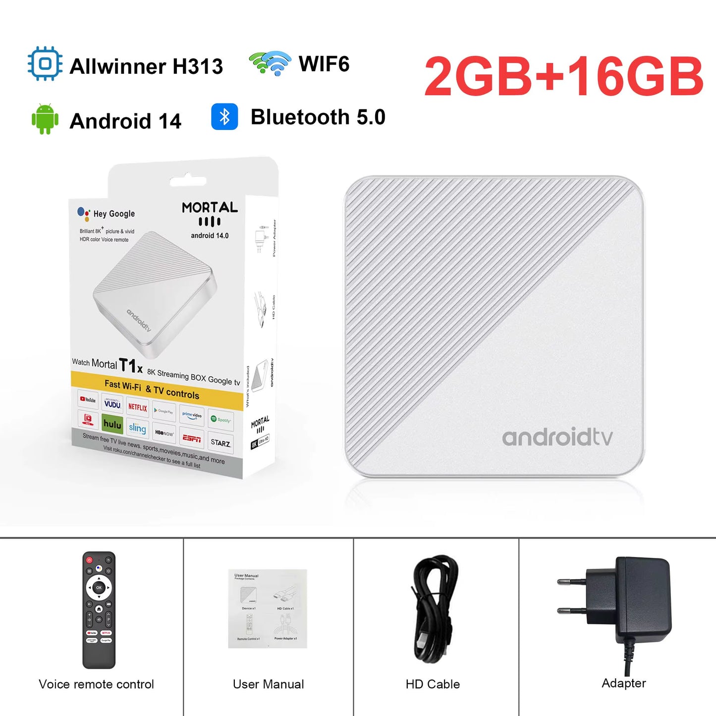 Mortal Android14.0 Smart TV Box T1X 4K HDR10 Netflix BT5.0 Voice Google Chromecast Wifi 6 Allwinnerh313 Media Player Set-Top Box