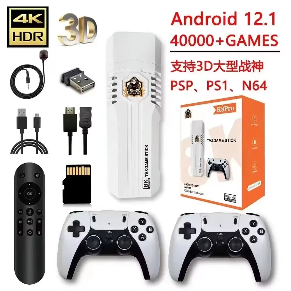NEW Mini K8 Pro Retro 8K HD TV Video Classic Game Stick Dual System Wifi Android12.1 ATV 3D 40000+ Games Console Wireless 2.4G