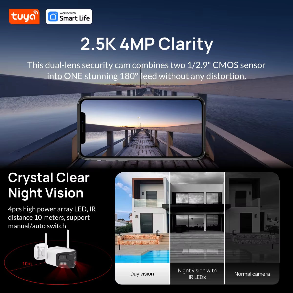 Tuya Smart 4MP 2.5K Dual-Lens Large Wide 180°Security Camera , Outdoor Camera,With Color Night Vision/Siren/2-Way Talk IP Camera