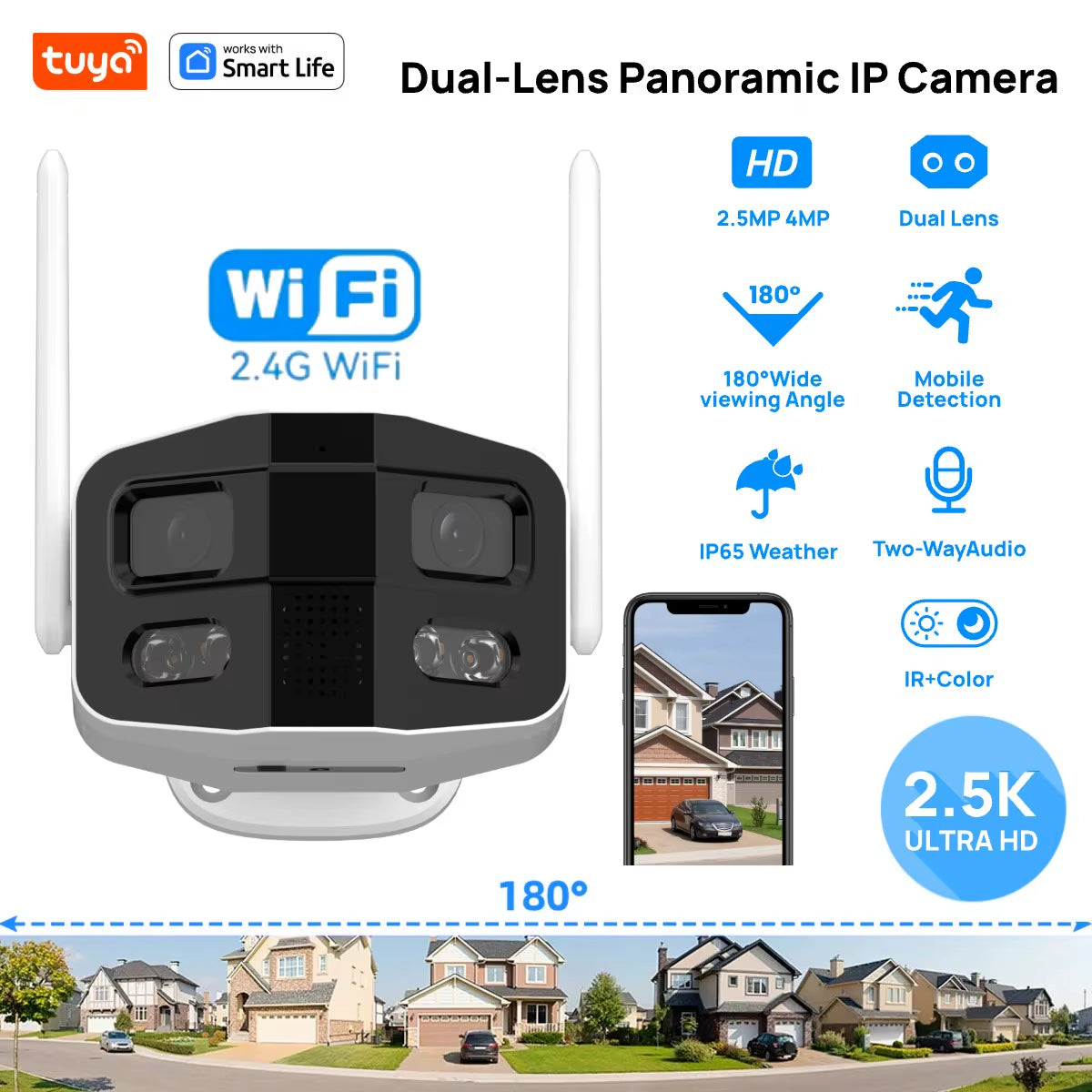 Tuya Smart 4MP 2.5K Dual-Lens Large Wide 180°Security Camera , Outdoor Camera,With Color Night Vision/Siren/2-Way Talk IP Camera