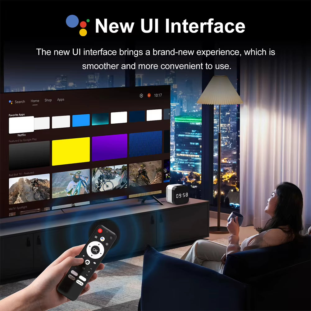 Set Top Box Android 14.0 WIFI 6 BT 5.X TV Box 8K Alarm Clock Android TV Box with 2.4G Voice Remote Control