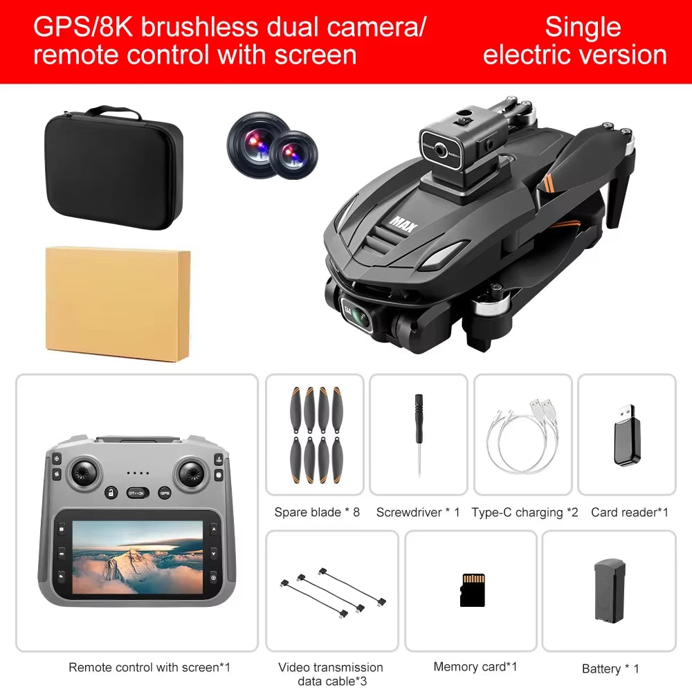 New V168 MAX LCD Screen RC FPV Drone 8K HD Camera 5G WIFI 360° Obstacle Avoidance GPS Drone Brushless RC Quadcopter Toys Dron