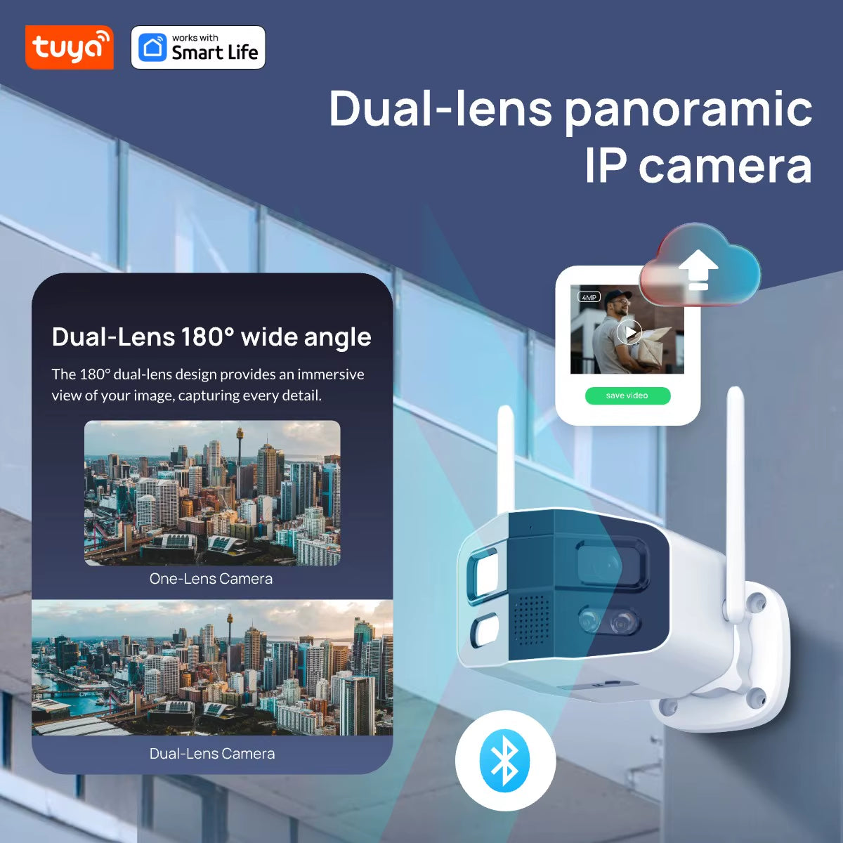 Tuya Smart 4MP 2.5K Dual-Lens Large Wide 180°Security Camera , Outdoor Camera,With Color Night Vision/Siren/2-Way Talk IP Camera