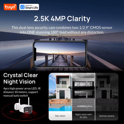 Tuya Smart 4MP 2.5K Dual-Lens Large Wide 180°Security Camera , Outdoor Camera,With Color Night Vision/Siren/2-Way Talk IP Camera