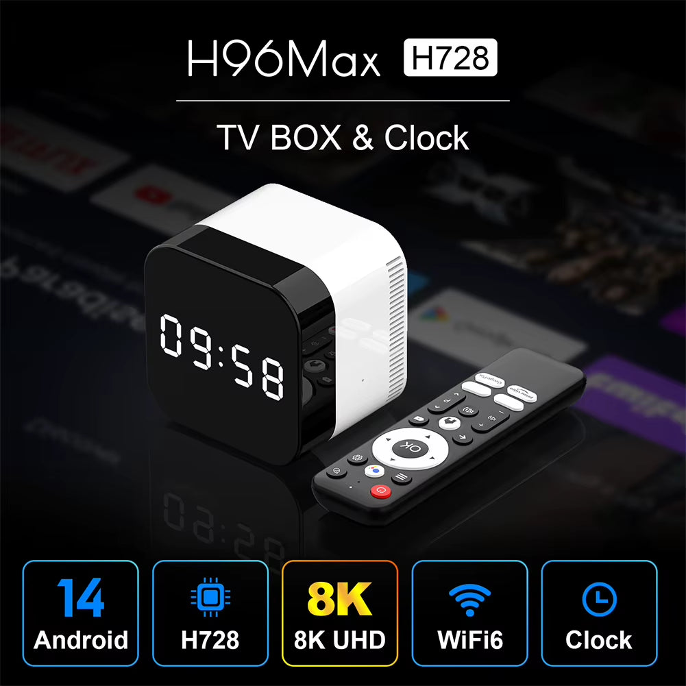 Set Top Box Android 14.0 WIFI 6 BT 5.X TV Box 8K Alarm Clock Android TV Box with 2.4G Voice Remote Control