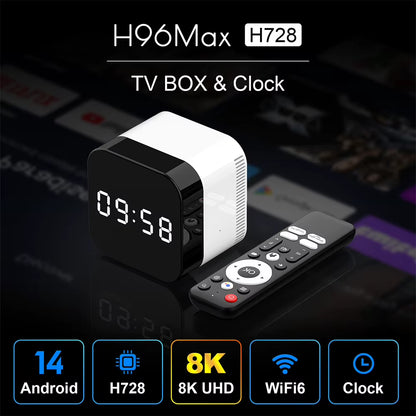 Set Top Box Android 14.0 WIFI 6 BT 5.X TV Box 8K Alarm Clock Android TV Box with 2.4G Voice Remote Control