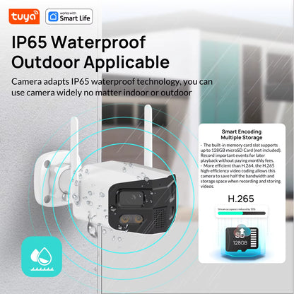 Tuya Smart 4MP 2.5K Dual-Lens Large Wide 180°Security Camera , Outdoor Camera,With Color Night Vision/Siren/2-Way Talk IP Camera
