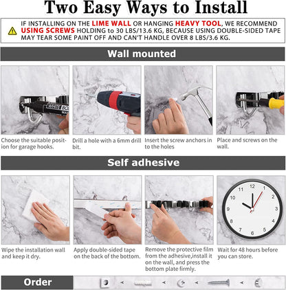 5 Holders+4 Hooks Broom Holder Wall Mounted with Nails Installation, Heavy Duty Stainless Steel Mop Holder, Brush Mop and Broom Storage Self Adhesive