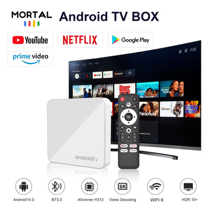Mortal Android14.0 Smart TV Box T1X 4K HDR10 Netflix BT5.0 Voice Google Chromecast Wifi 6 Allwinnerh313 Media Player Set-Top Box